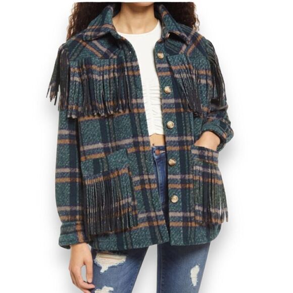 Blank NYC Jacket Women’s XL Green Plaid Shacket Fringe Button Down Pockets - Picture 5 of 16